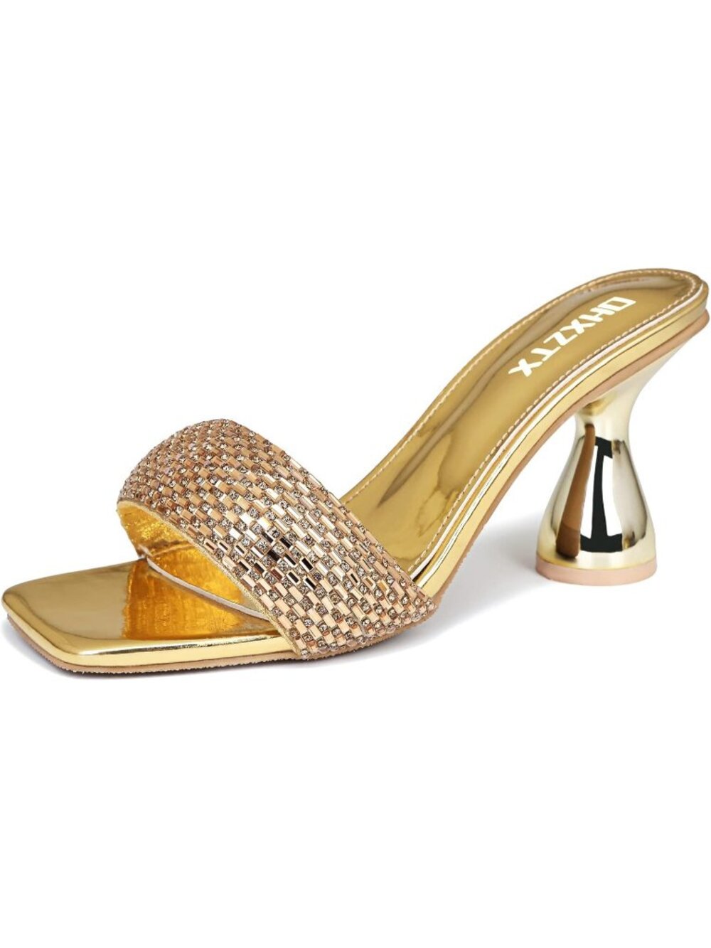 Women's Gold Rhinestone Stylish Square Open Toe 3.15 IN Kitten Mules Heel Sandal